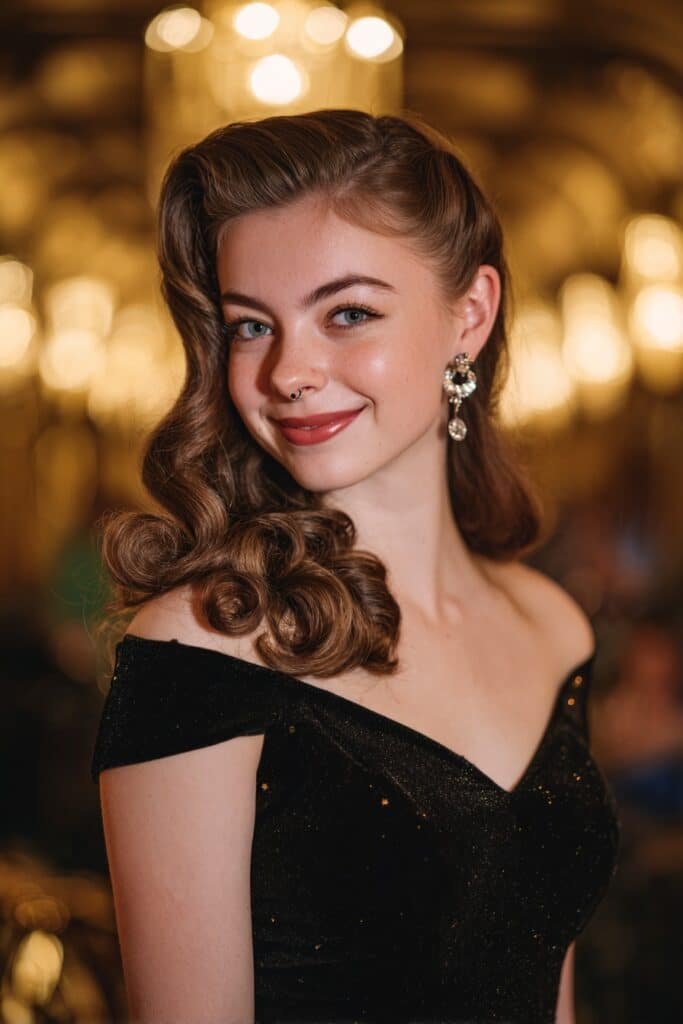 Retro Hollywood waves with glossy sculpted curls and a dramatic side part for a classic glamorous homecoming look.