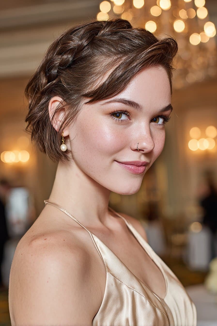 Short chin-length bob styled into a rolled braided crown with a compact braided roll at the nape and soft face-framing strands for homecoming.