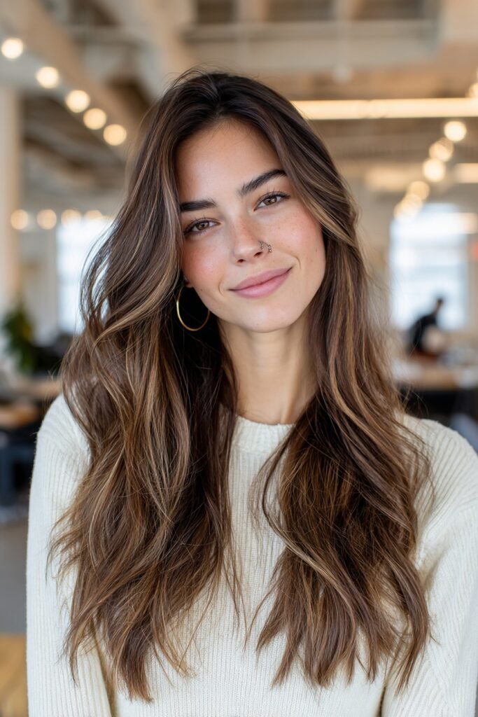 Rich brunette roots melting into creamy toffee lengths on long layered hair with seamless blending and glossy movement.