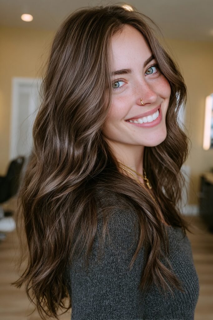 Text: Brunette woman with long rose ash brown hair combining cool ash tones with dusty rose hues for a modern romantic look.