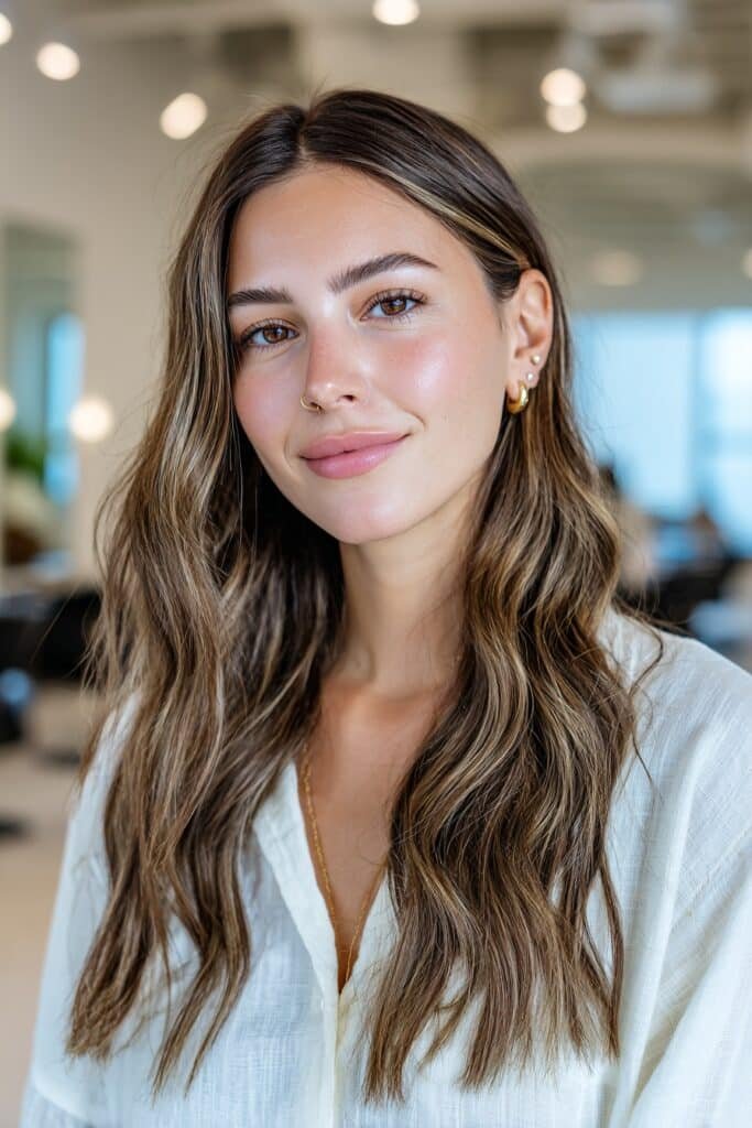 Long brunette hairstyle with rose beige money piece highlights framing the face and blending into soft beach waves.