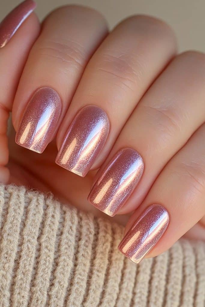 Short squoval nails in rosy nude with delicate rose gold chrome glazing.