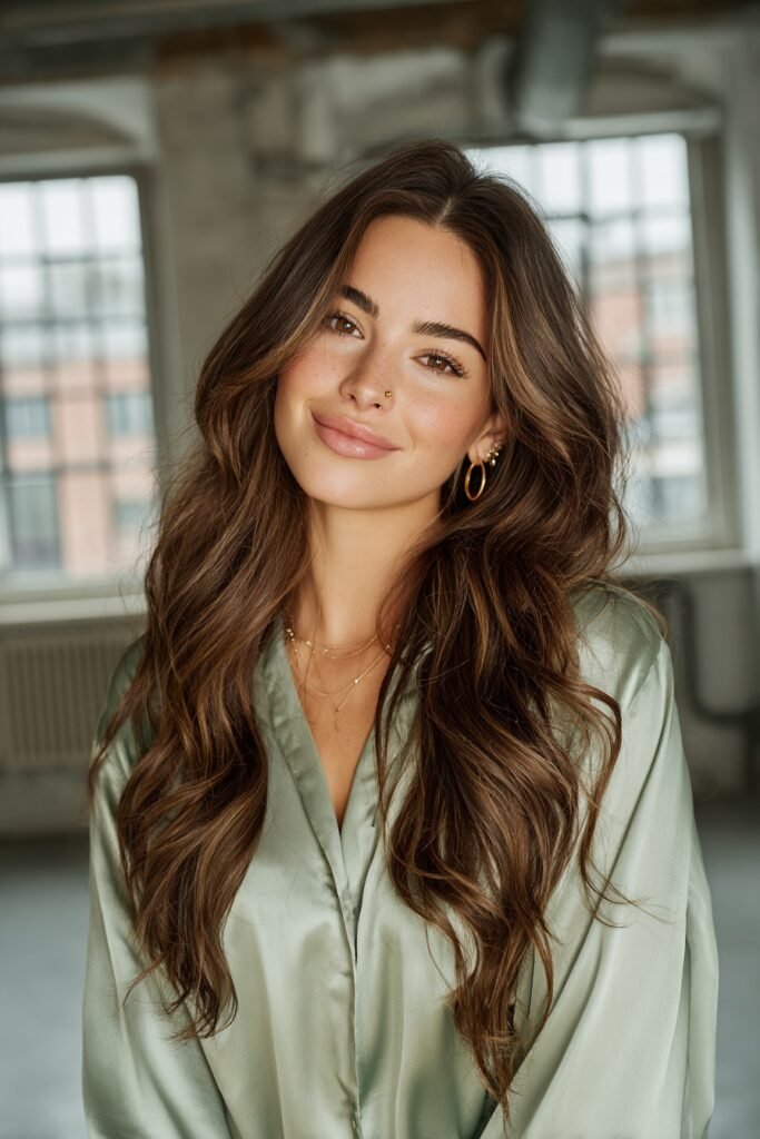 Long brunette hairstyle with shimmering rose gold highlights creating a soft, romantic and dimensional hair color blend.