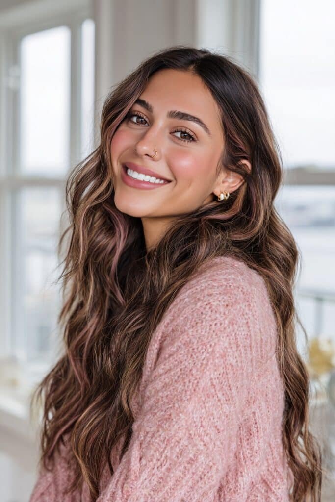 Brunette woman with rose quartz balayage featuring delicate pink highlights painted through long voluminous waves.
