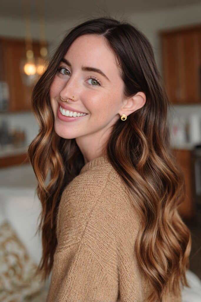 Brunette woman with long rosewood ombre hair transitioning from dark roots to rich rosy brown ends with loose waves.