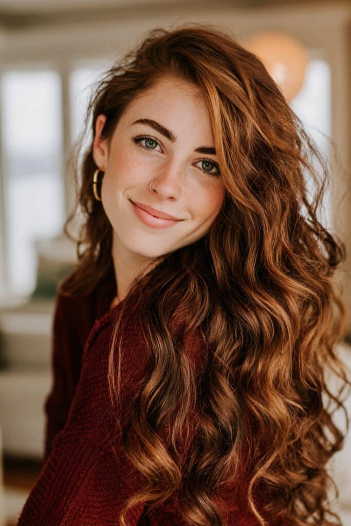 Long rosy chocolate melt hairstyle with rich chocolate brown roots blending into soft rosy brunette waves.