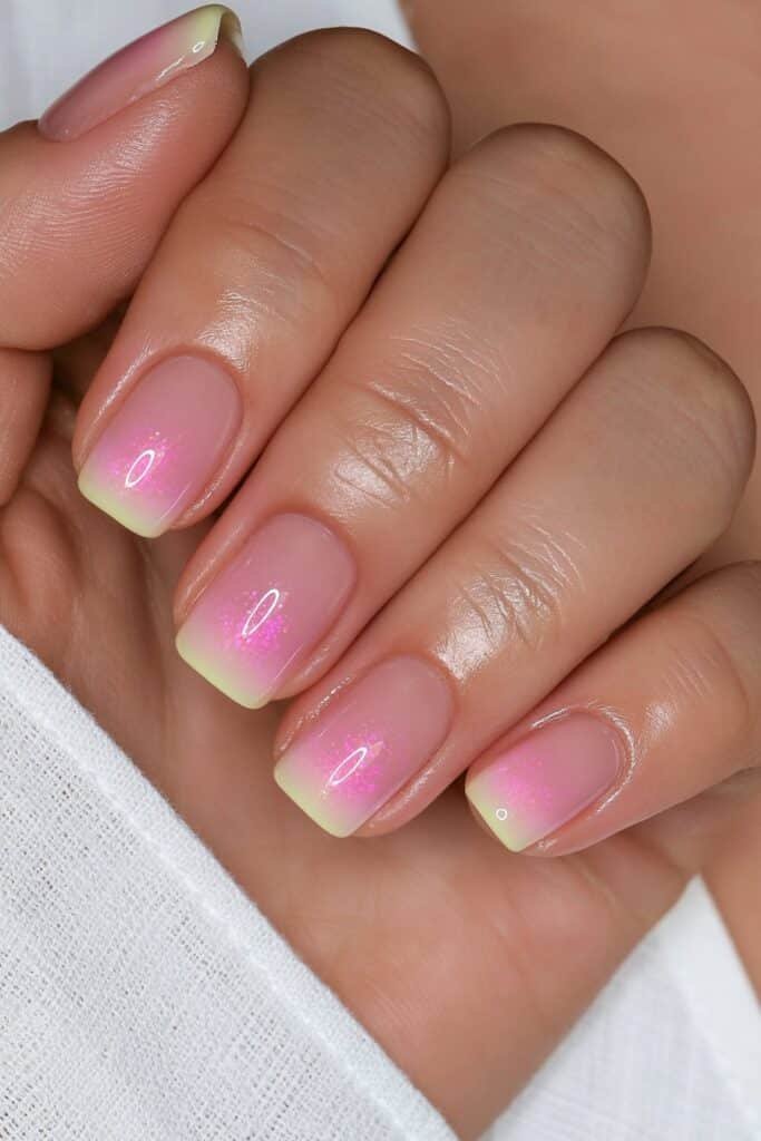Short rosy yellow nails with a creamy glossy finish.