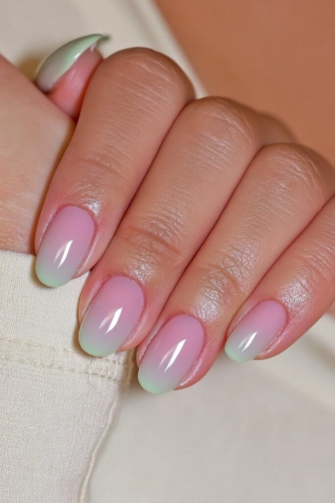 Short sage green nails with a glossy minimalist finish.