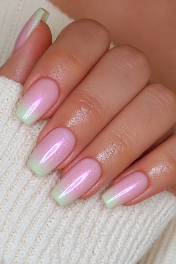 Short sage green coffin nails with glossy finish.