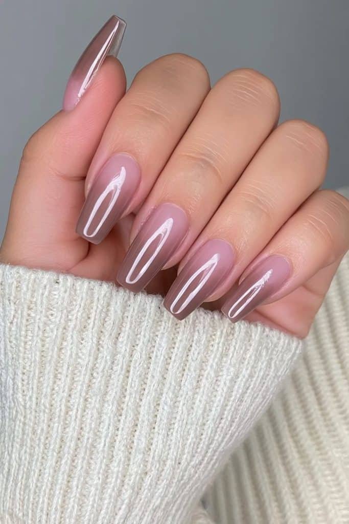 Short squoval nails with sheer milky chocolate glaze and glossy shine