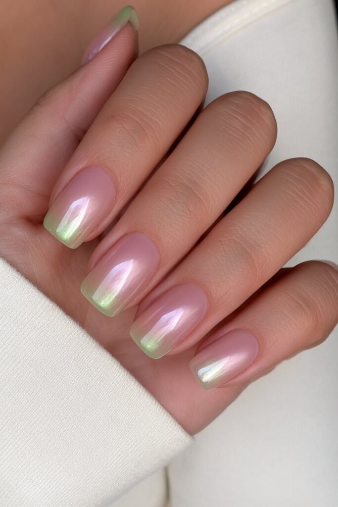 Short sheer pistachio green nails with jelly shine.