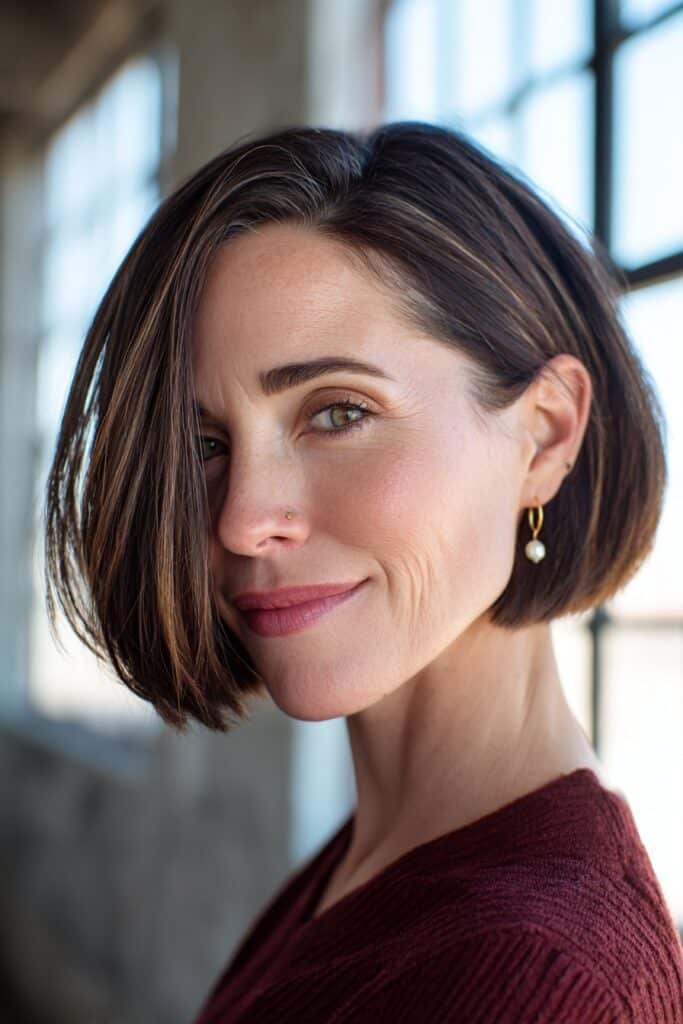Sleek chin-length bob with a hidden undercut, smooth curved ends, and rich chocolate brown hair for women over 50.