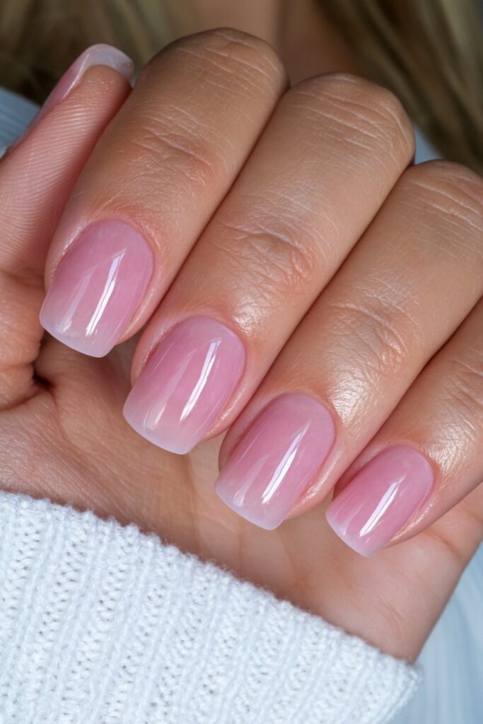 Short milky pink soap nails with glossy shine.