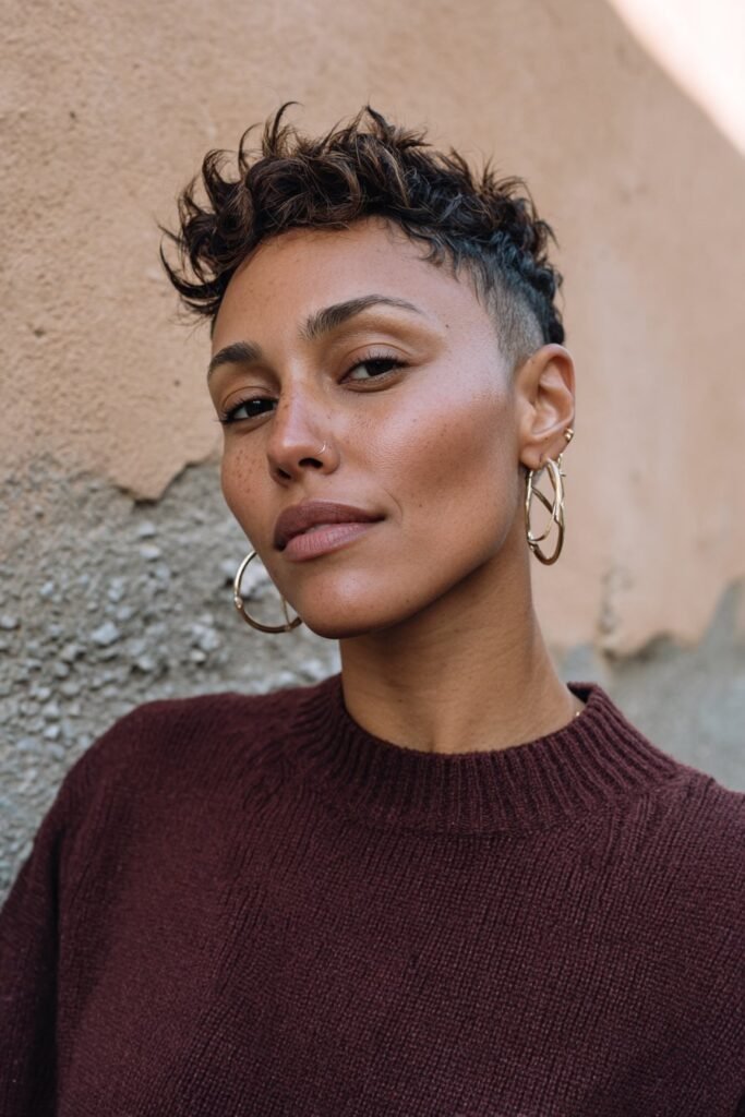 Black woman with a short textured espresso-brown spiky pixie cut.