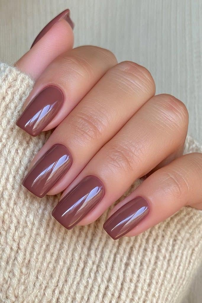 Short square nails in deep chocolate brown with ultra-glossy finish