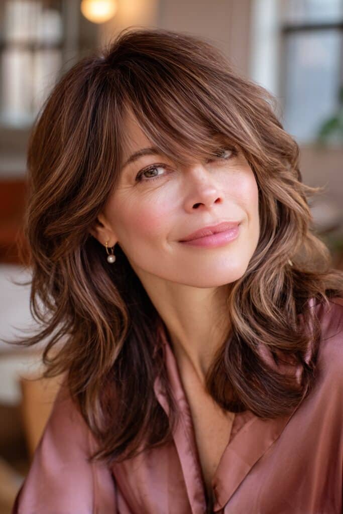 Shoulder-length layered haircut with side-swept bangs, mocha balayage, and soft face-framing movement.