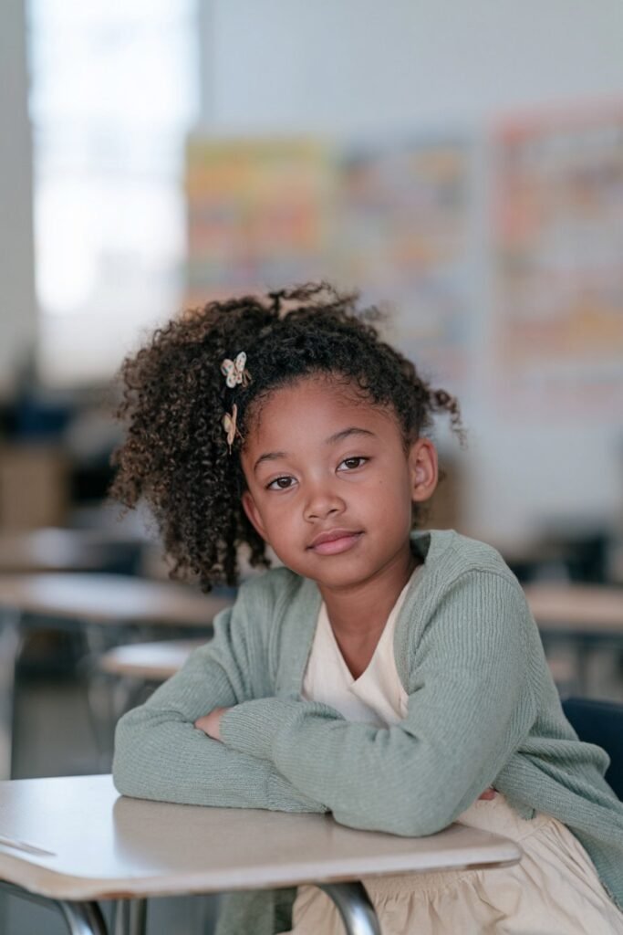 Little Black girl with a curly side ponytail and butterfly clips