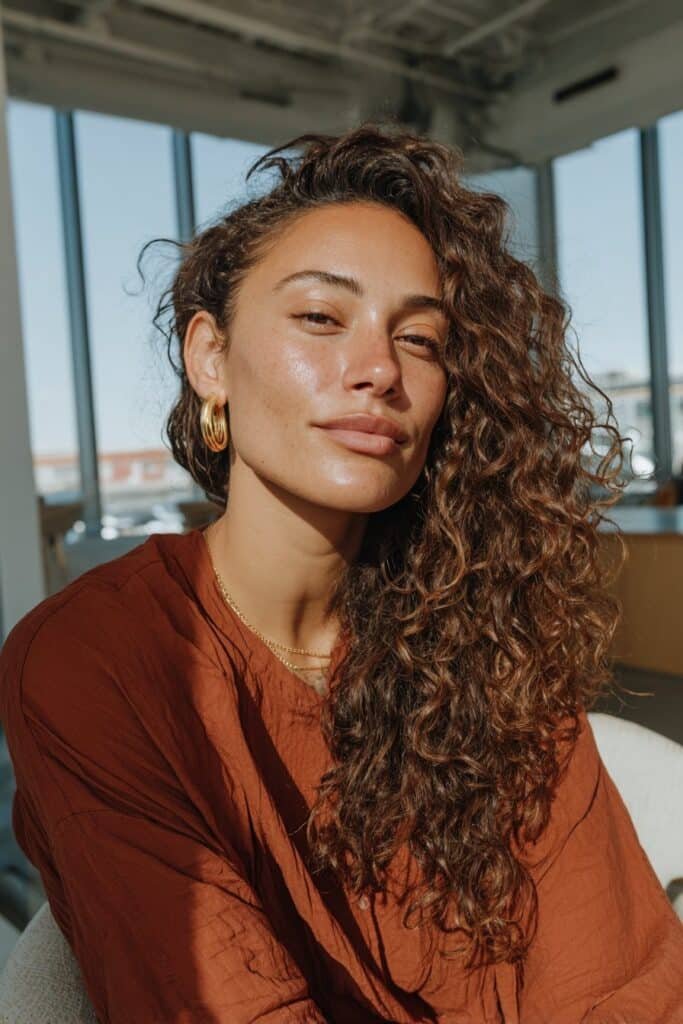 Young woman with long side-swept curls over one shoulder