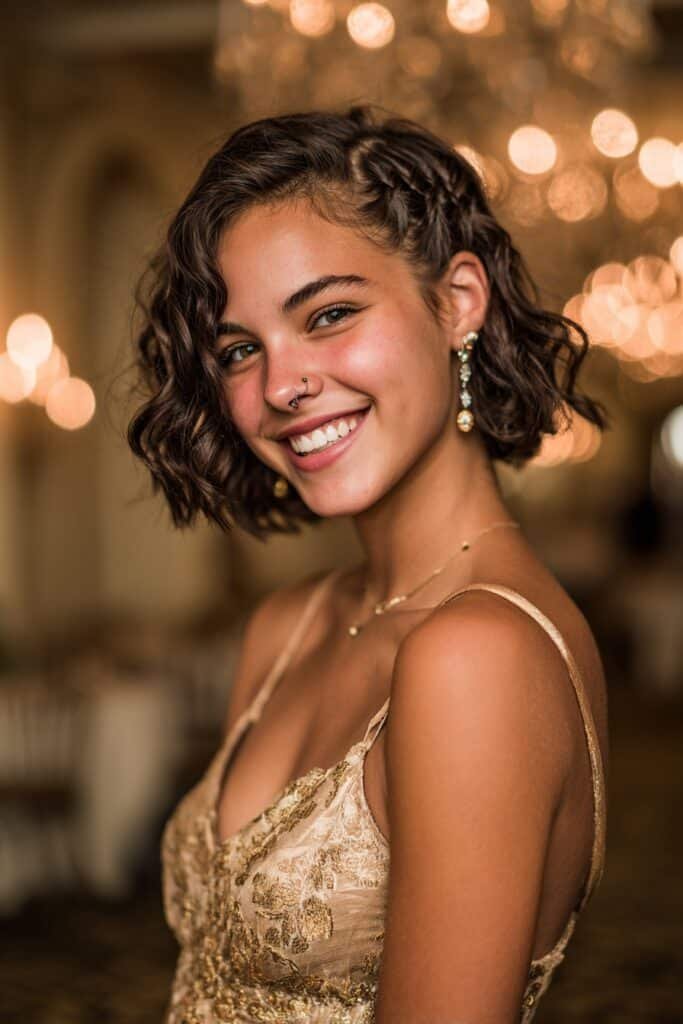 Short wavy bob with glamorous side-swept curls and a delicate braid accent above one temple for homecoming.