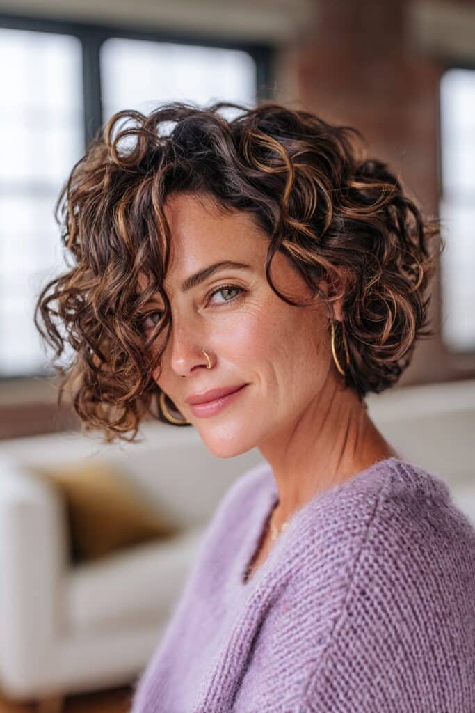 Side-swept curly bob featuring defined curls, a deep side part, and rich chocolate brown hair with caramel highlights.