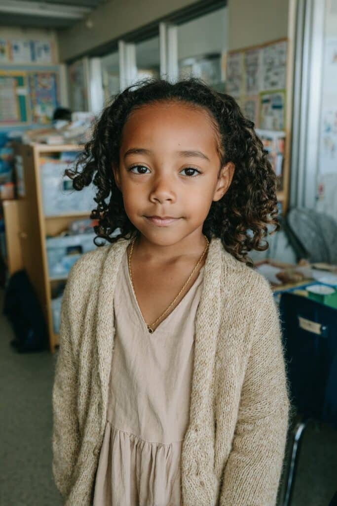 Black girl with a smooth silk press and softly curled ends