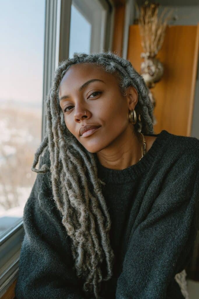Black woman with long silver and charcoal locs styled with natural texture.