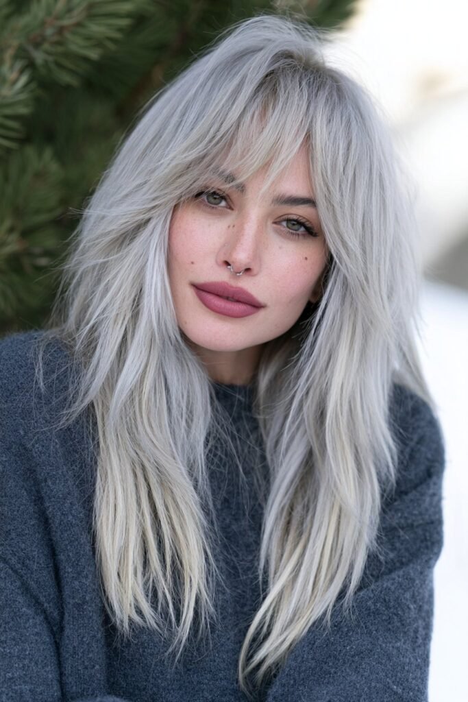Long silver wolf cut with a textured crown, choppy layers, and flowing feathered ends.
