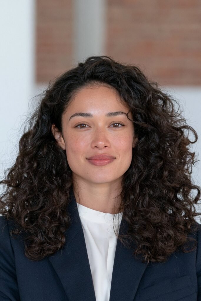Young woman with sleek glossy curls for a professional picture-day headshot