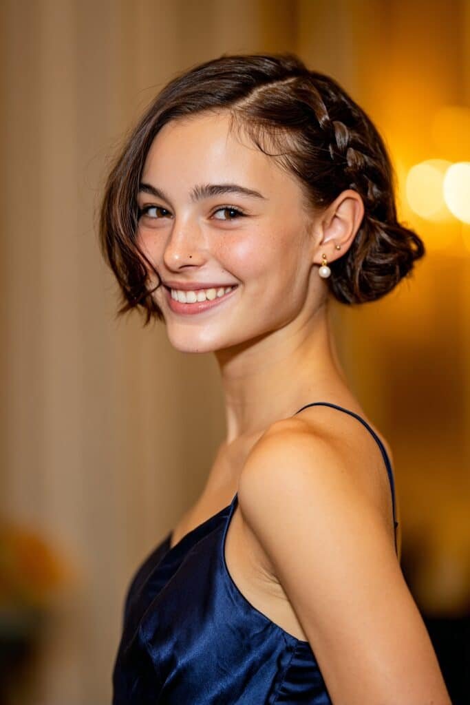 Short chin-length bob styled with a sleek rope braid along one side ending in a tiny low knot for a polished homecoming hairstyle.