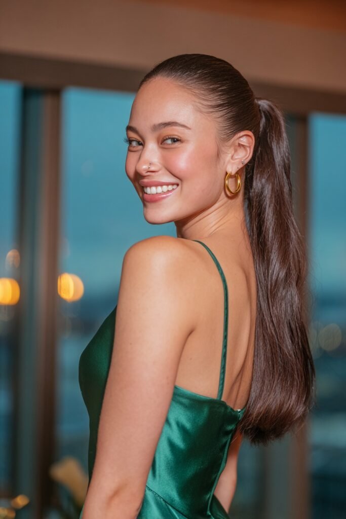 Sleek low ponytail wrapped with a section of hair for a polished and elegant long hair homecoming style.
