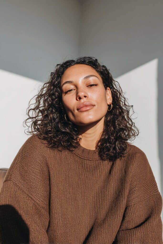 Young woman with a sleek middle part and loose polished curls
