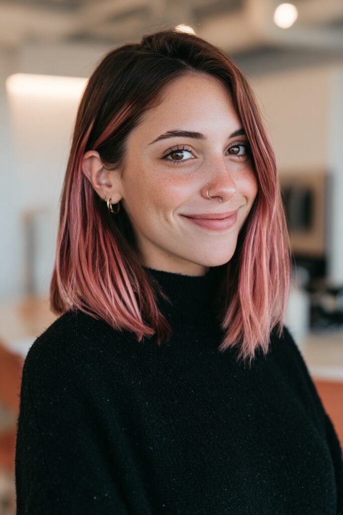 Young woman with a sleek smoky rose long bob featuring cool brunette roots and dusty rose color for a chic finish.