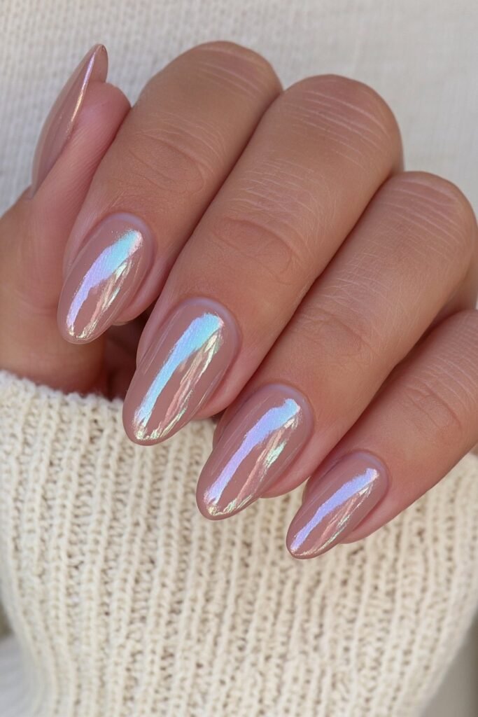 Soft brown chrome almond nails with a warm reflective metallic finish.