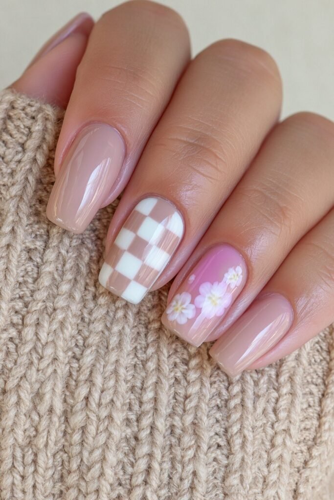 Short nude nails with a beige checkerboard accent.