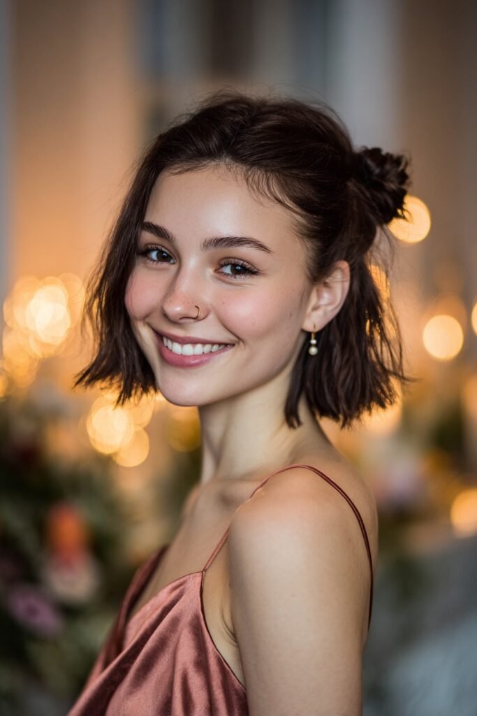 Short chin-length layered bob styled into a soft infinity-inspired half bun with twisted top sections and natural texture for homecoming.