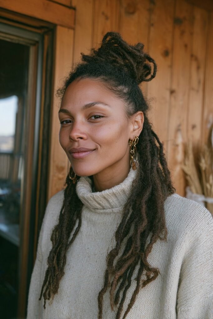 Black woman with long soft locs styled in a polished half-up hairstyle.