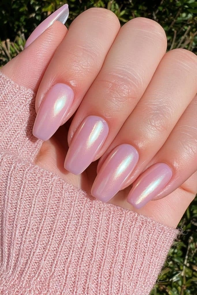 Short squoval nails in sheer soft pink with a delicate milky chrome glaze.