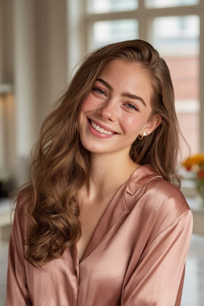 Text: Smiling brunette woman with soft rose beige hair blending creamy brunette tones with delicate blush rose highlights