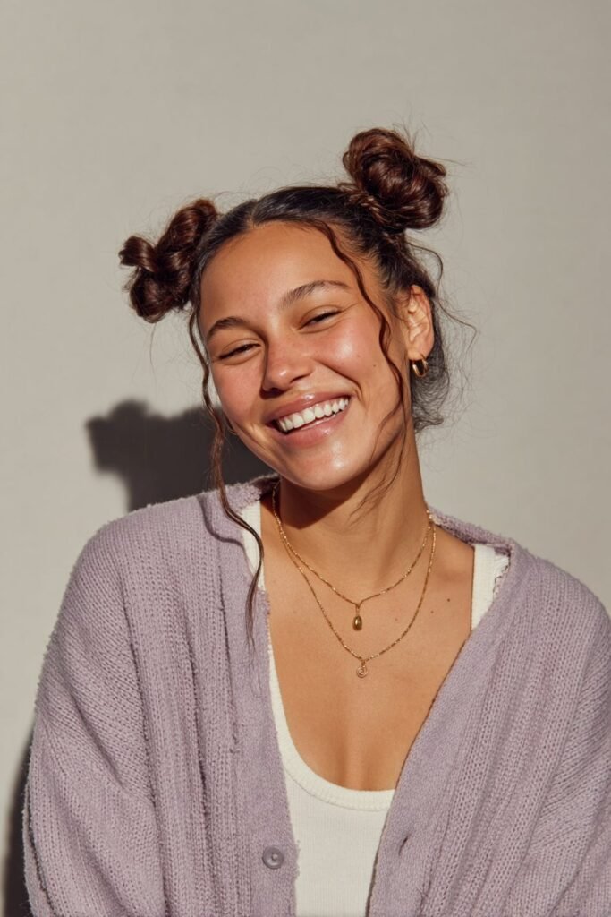 Space buns hairstyle for long hair