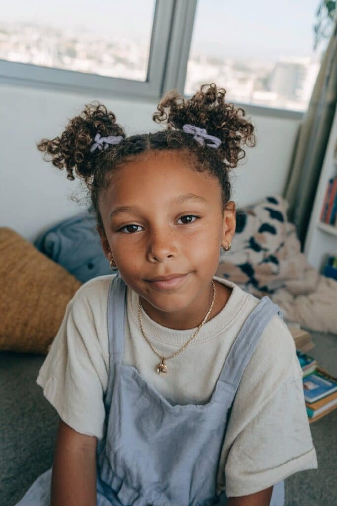 Little Black girl with curly space buns and lavender ribbons