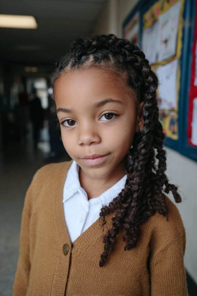 Little Black girl with intricate spiral stitch braids