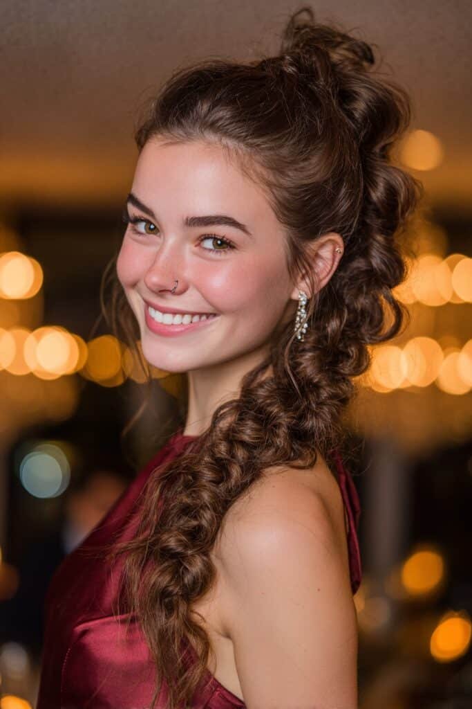 Stacked ponytail braid updo with multiple braided sections creating volume and elegant texture for long hair.