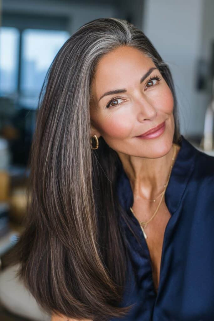 Straight brunette haircut with a sleek side angle, glossy finish, and precise lines for an elegant over-50 hairstyle.