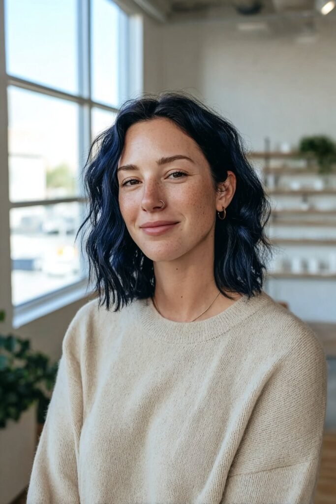 Medium close-up portrait showcasing natural dark hair with a subtle navy sheen