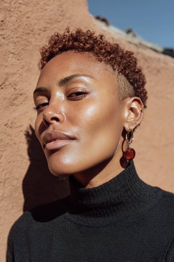 Black woman with a tapered natural cut featuring rich burgundy tones.