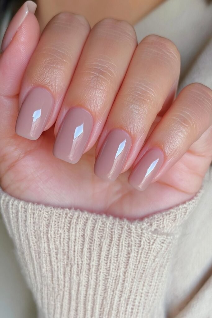 Short warm taupe squoval nails with glossy finish.