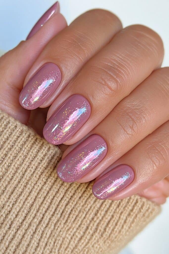 Short oval terracotta brown chrome nails with a glowing copper reflection.