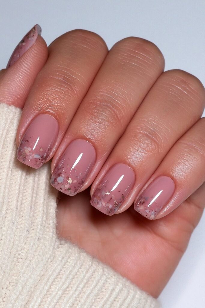 Short terracotta nails with terrazzo fleck accents.