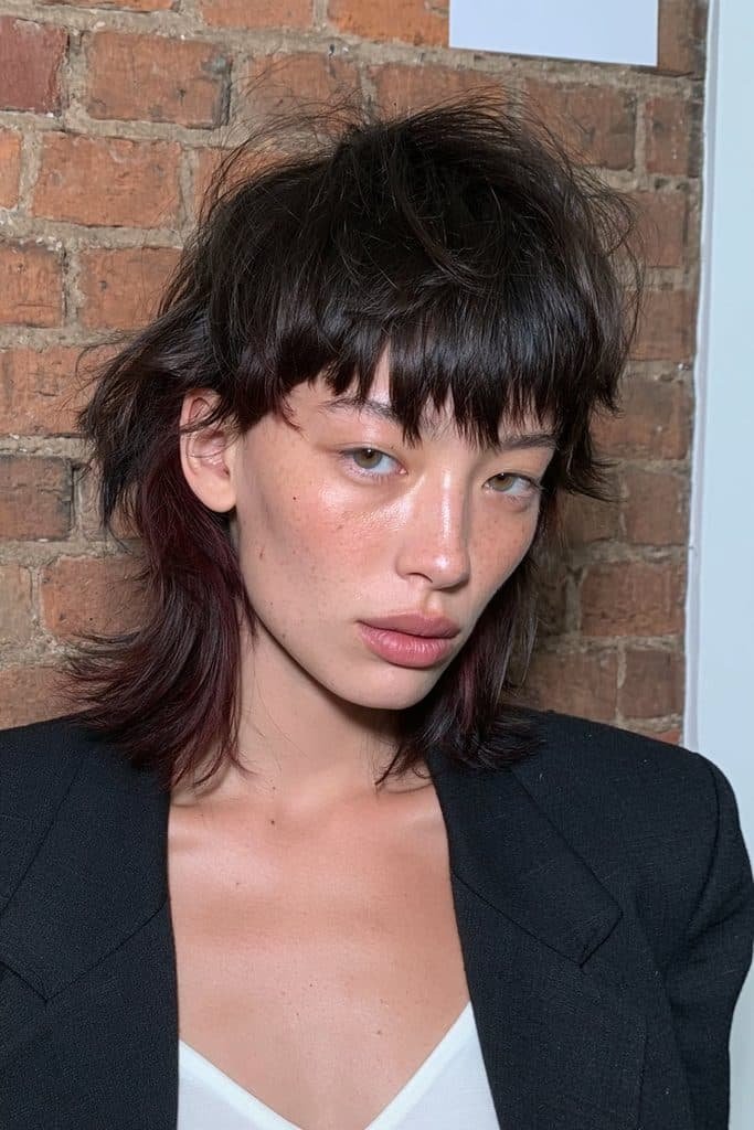 Young woman with a bold pixie-top jellyfish haircut and long burgundy-black lower layers.
