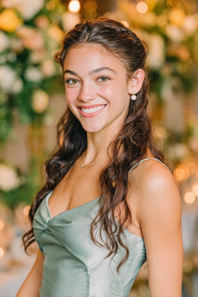 Long wavy hair with textured twists pinned back, creating a soft and romantic half-up homecoming hairstyle.